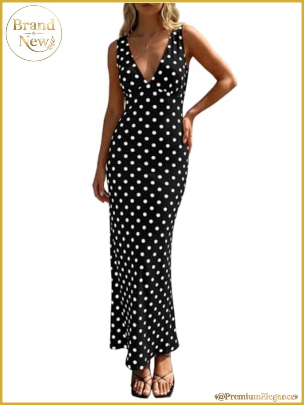 Wenrine Women's Polka Dot Mesh V-Neck Maxi Dress Sleeveless Bodycon